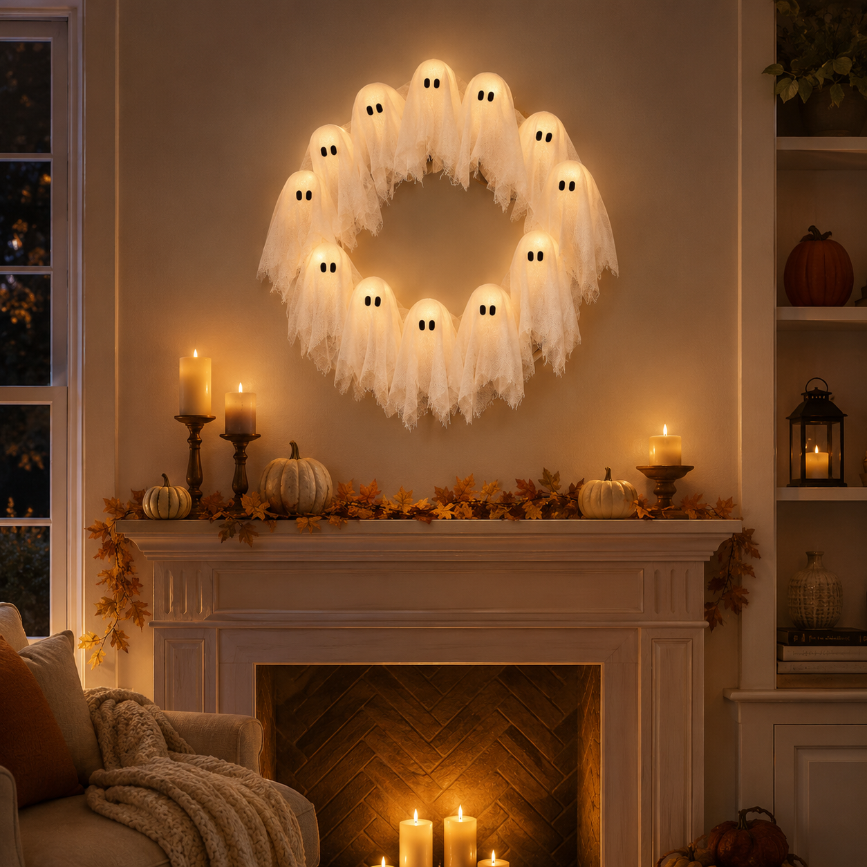 Lighted Halloween Ghost Wreath