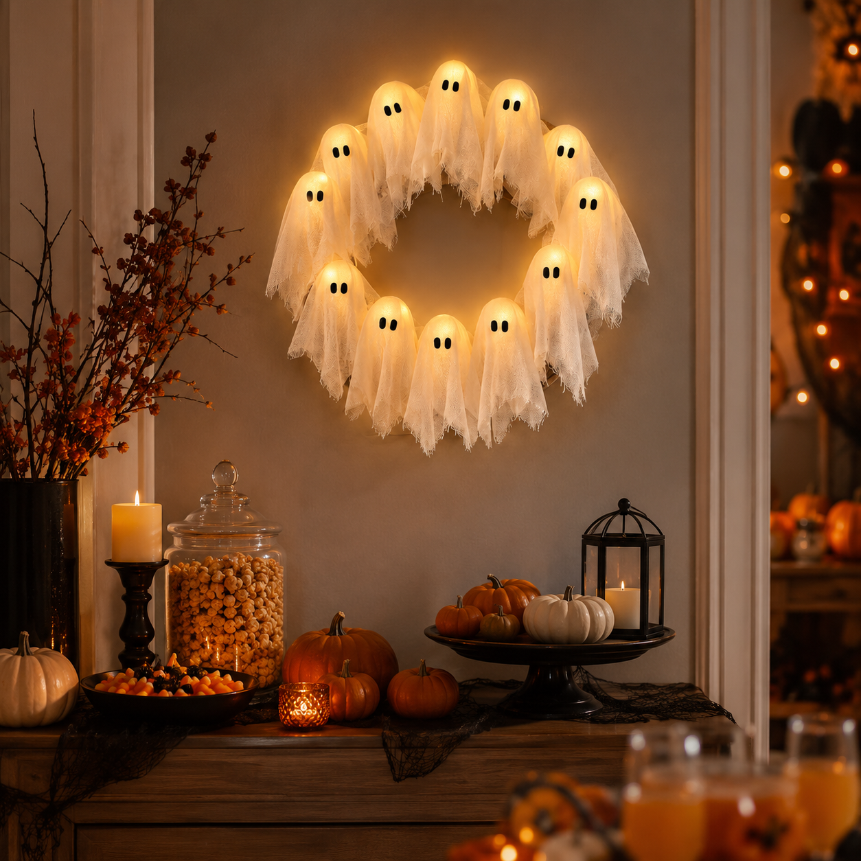 Lighted Halloween Ghost Wreath