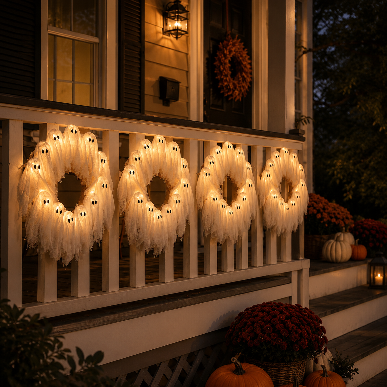 Lighted Halloween Ghost Wreath