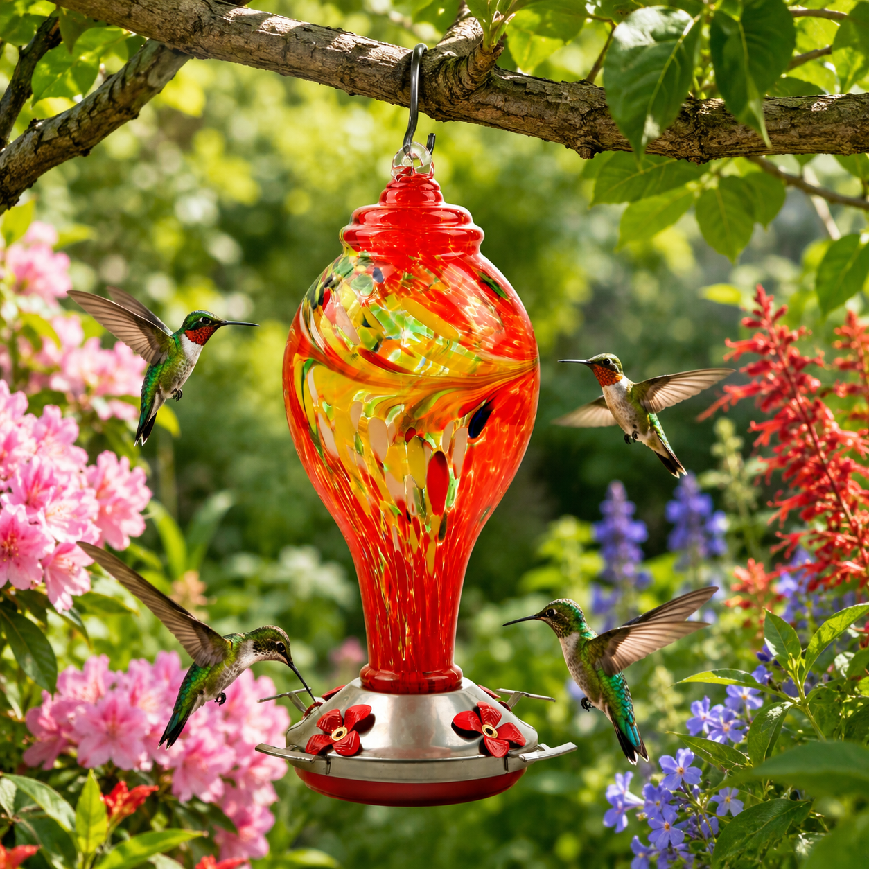 Hand-Blown Glass Hummingbird Feeder