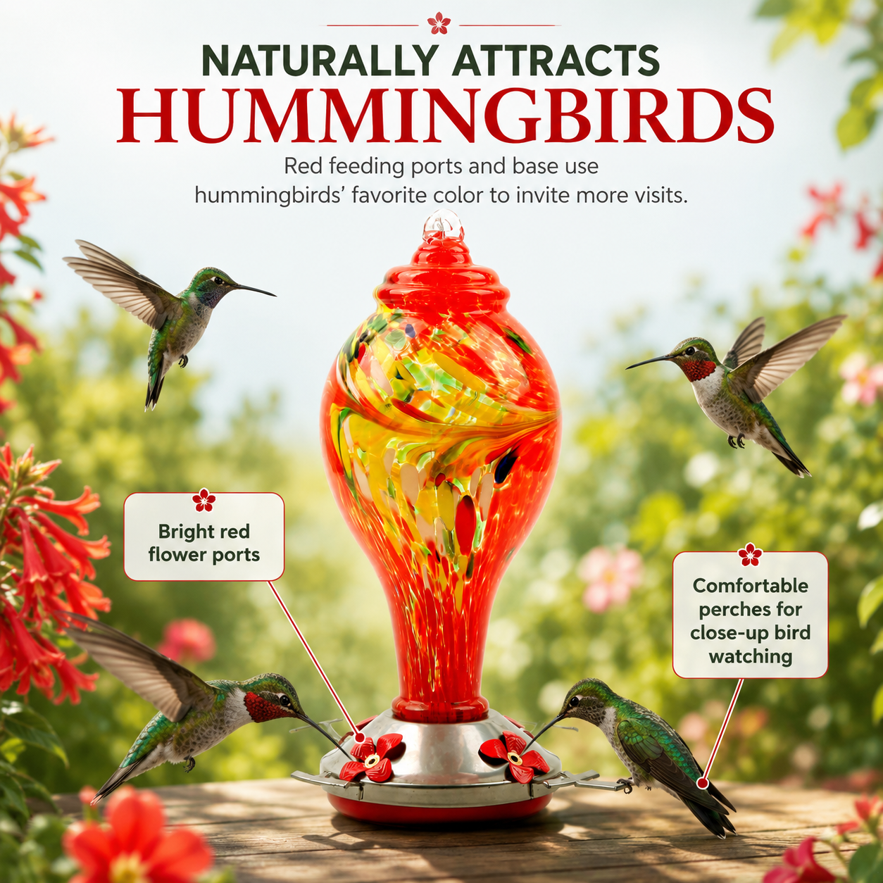 Hand-Blown Glass Hummingbird Feeder