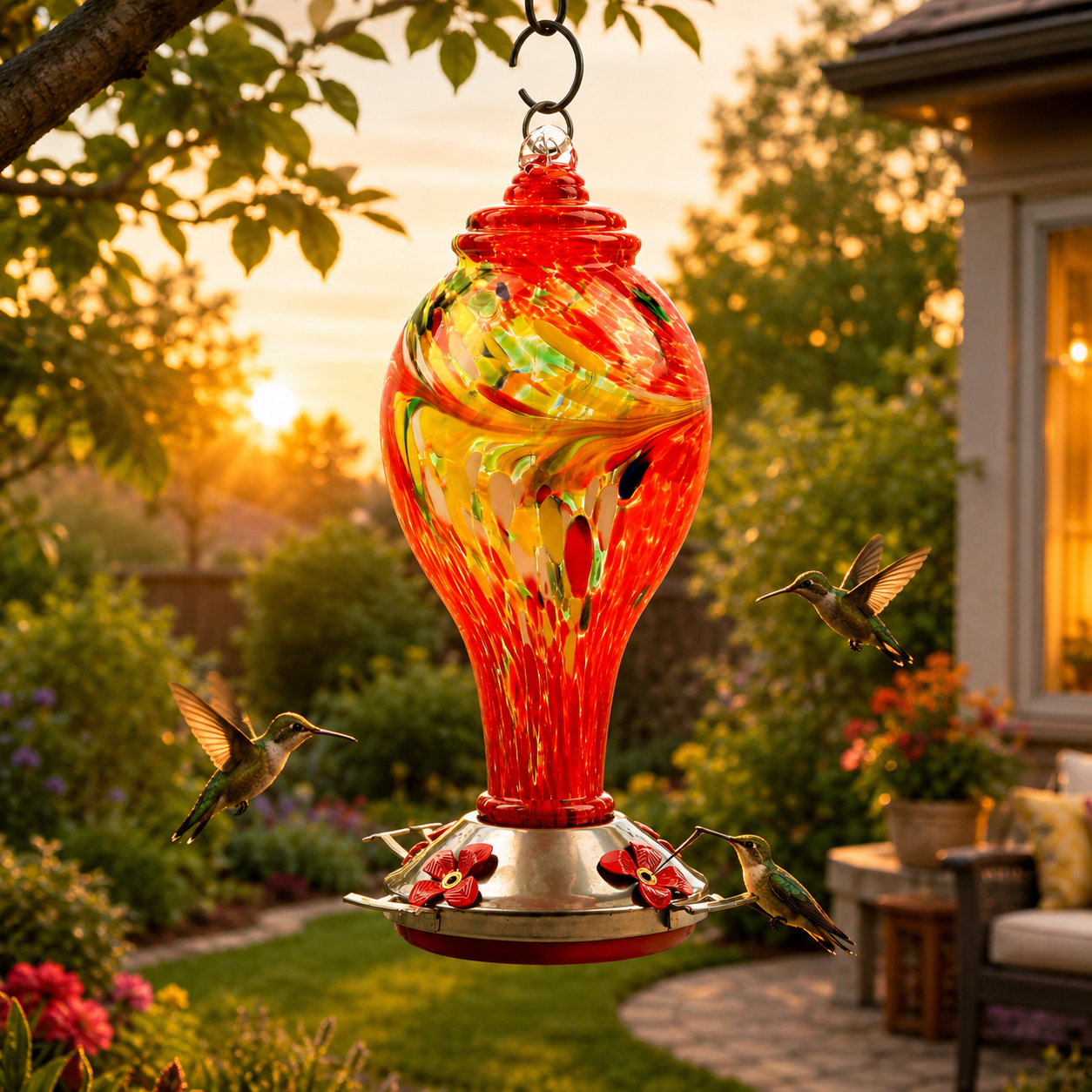 Hand-Blown Glass Hummingbird Feeder