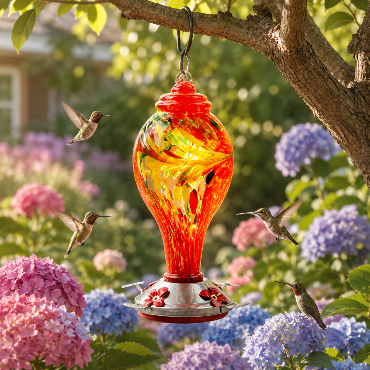 Hand-Blown Glass Hummingbird Feeder