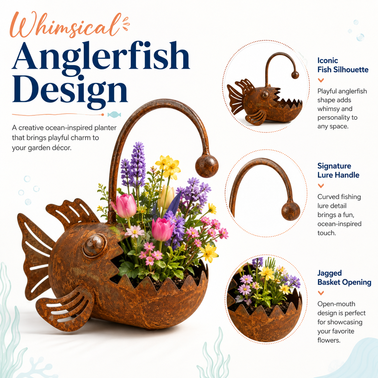 Rustic Anglerfish Metal Garden Planter