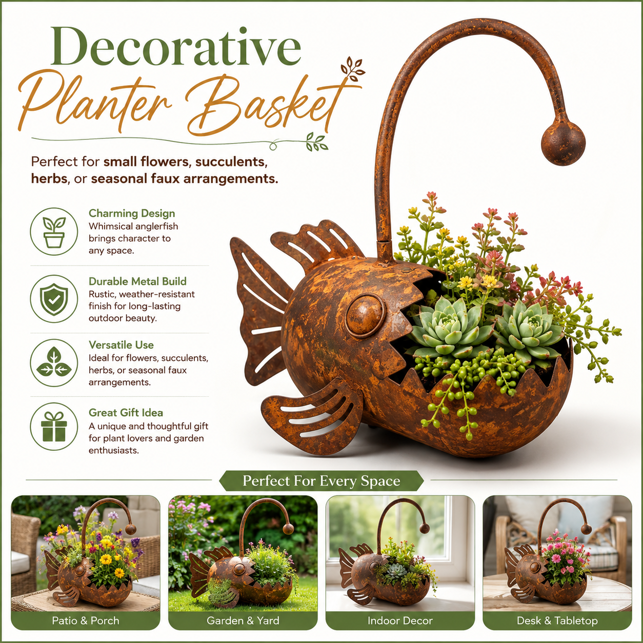 Rustic Anglerfish Metal Garden Planter