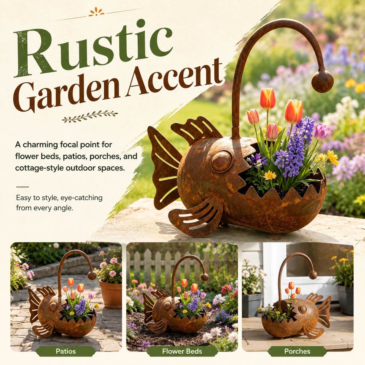 Rustic Anglerfish Metal Garden Planter