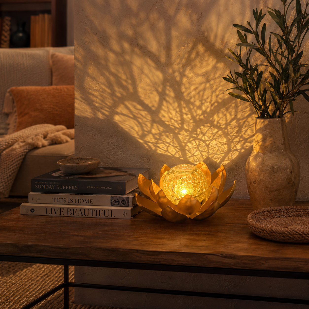 Lighted Lotus Flower Crackle Glass Decor