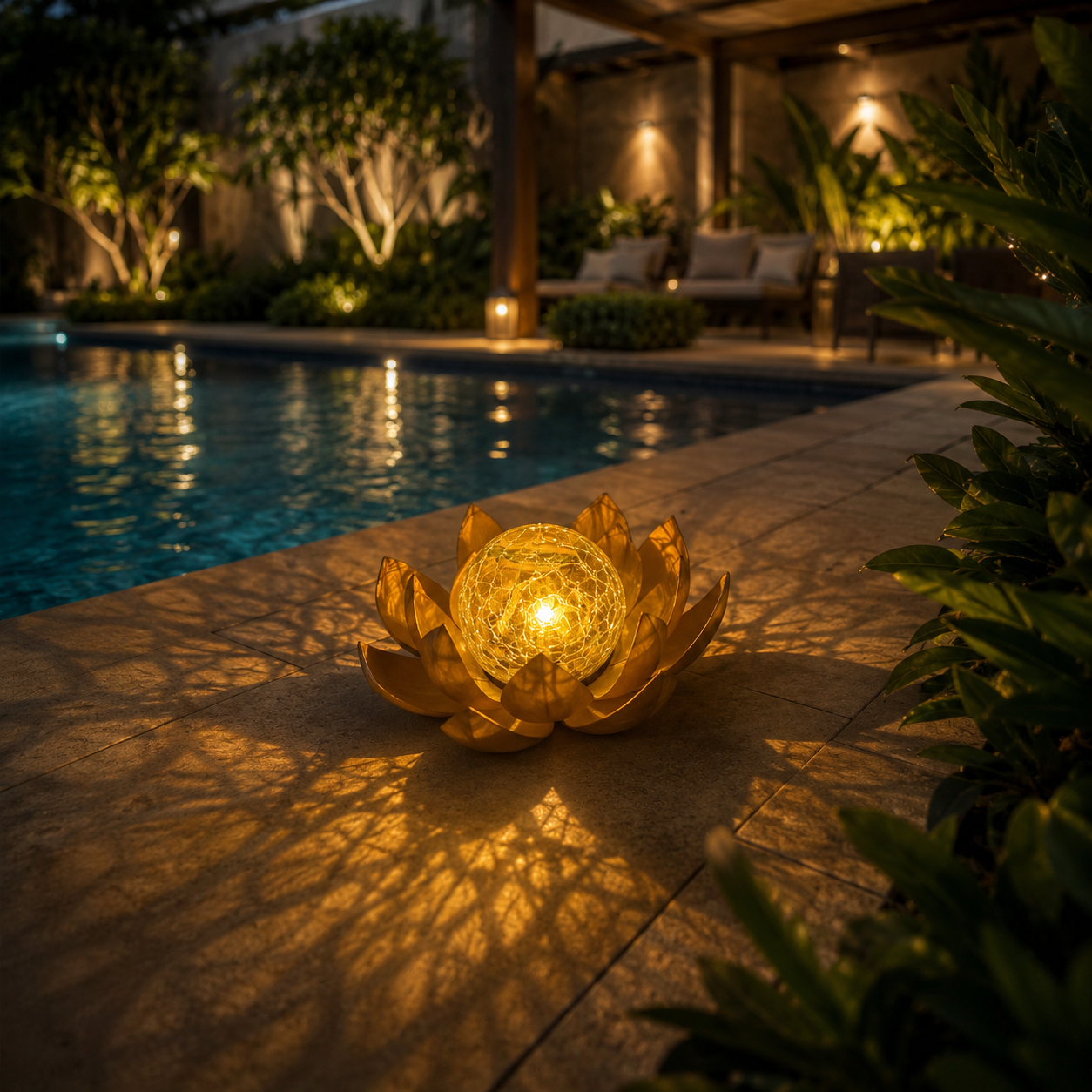 Lighted Lotus Flower Crackle Glass Decor