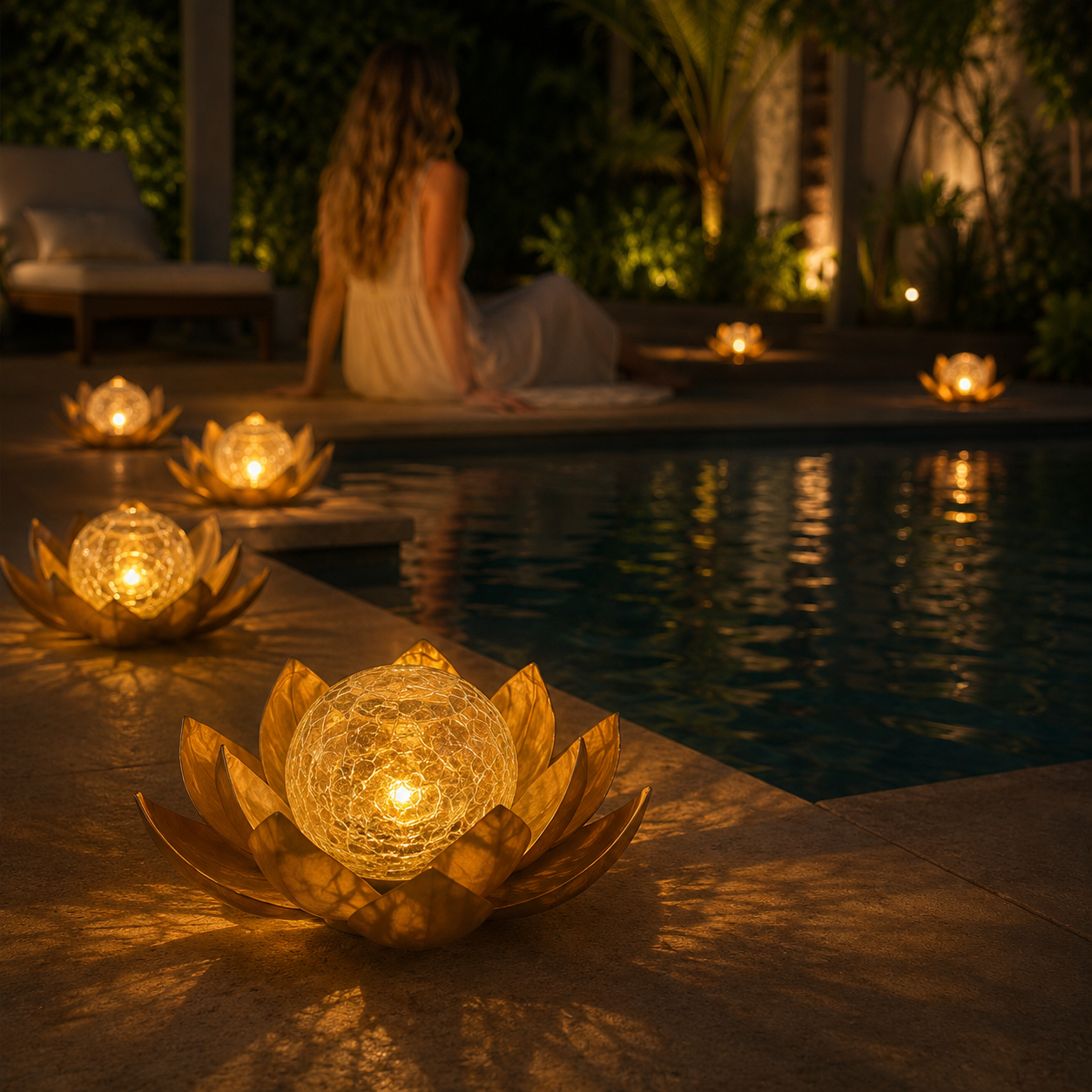 Lighted Lotus Flower Crackle Glass Decor