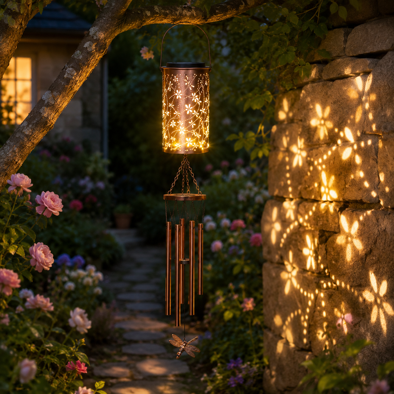 Solar powered European-style hollow-out iron lamp