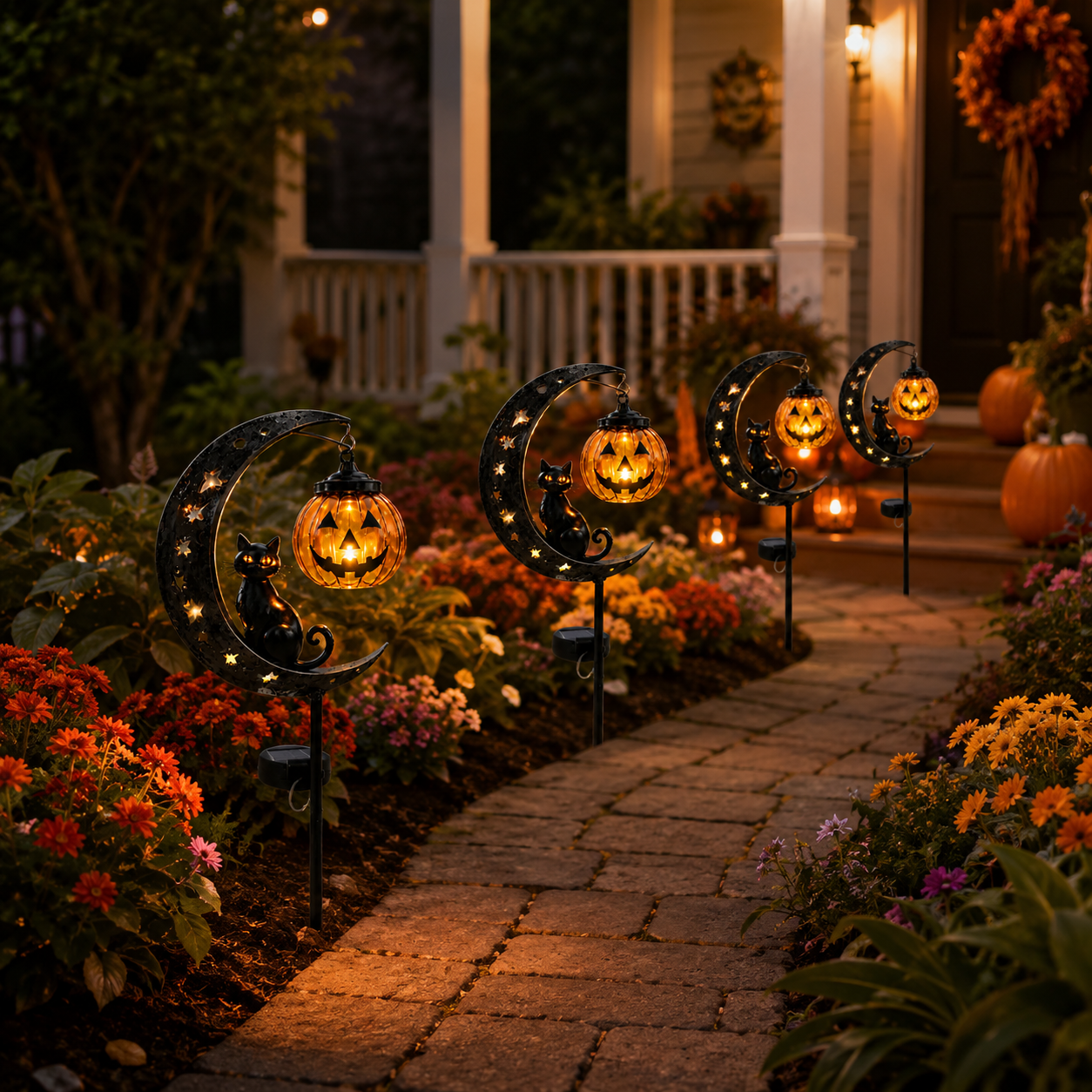 Solar Halloween Garden Stake Light with Cat and Pumpkin Lantern
