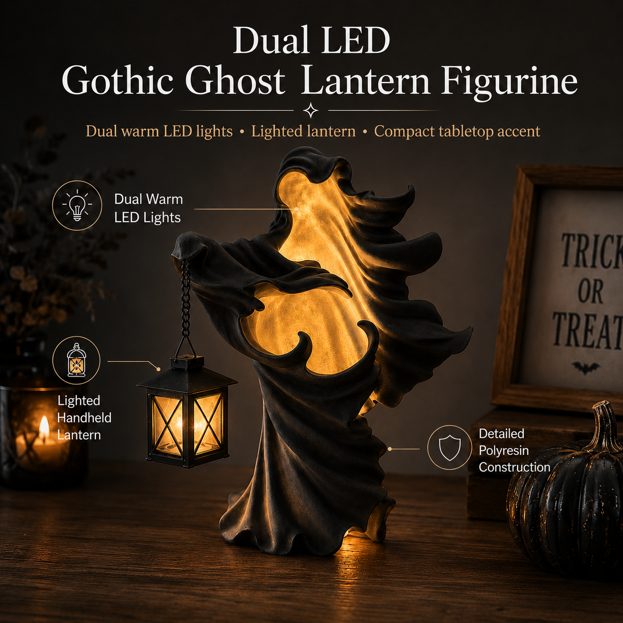 Lighted Gothic Ghost Figurine with Decorative Lantern