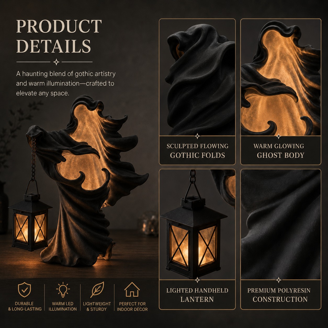 Lighted Gothic Ghost Figurine with Decorative Lantern