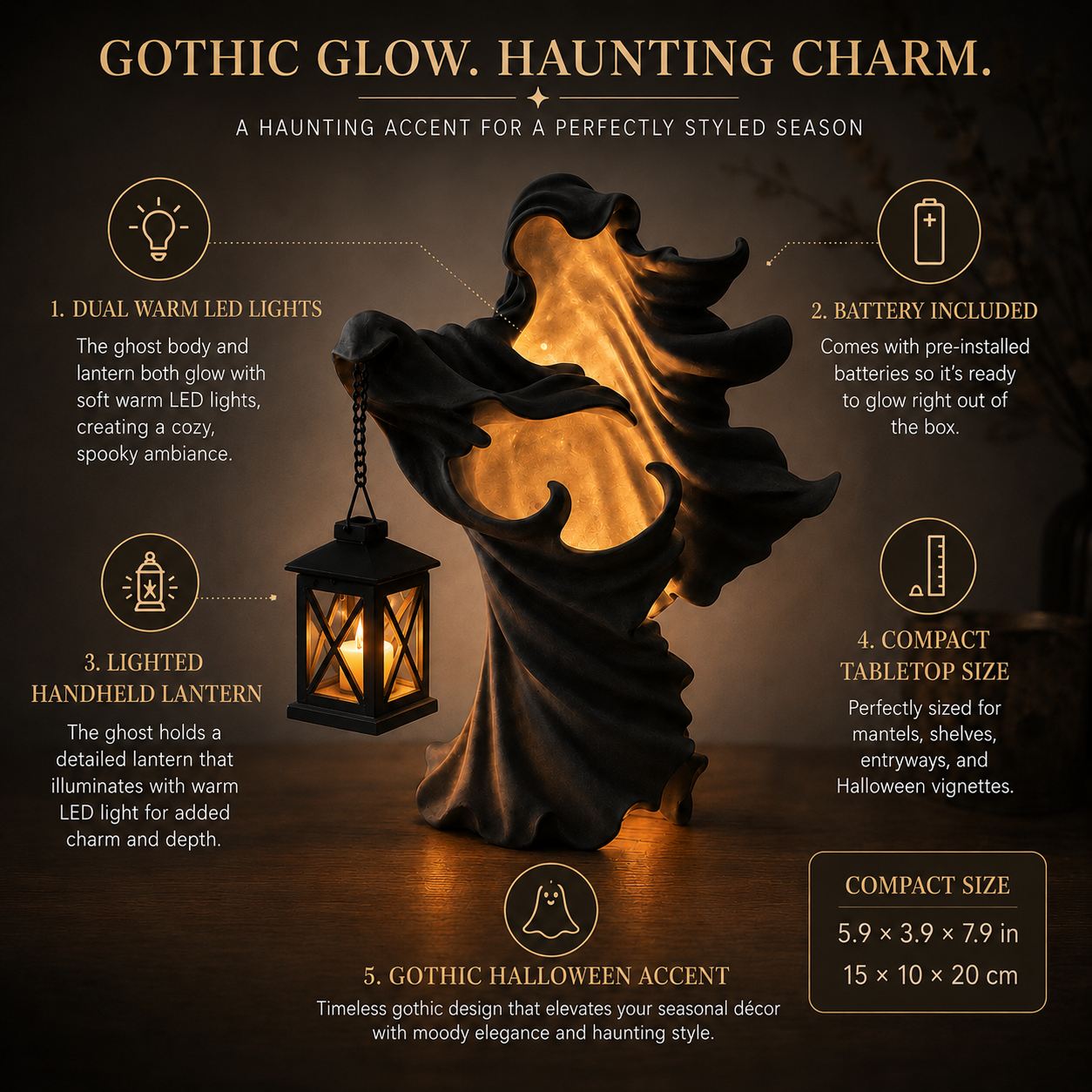 Lighted Gothic Ghost Figurine with Decorative Lantern