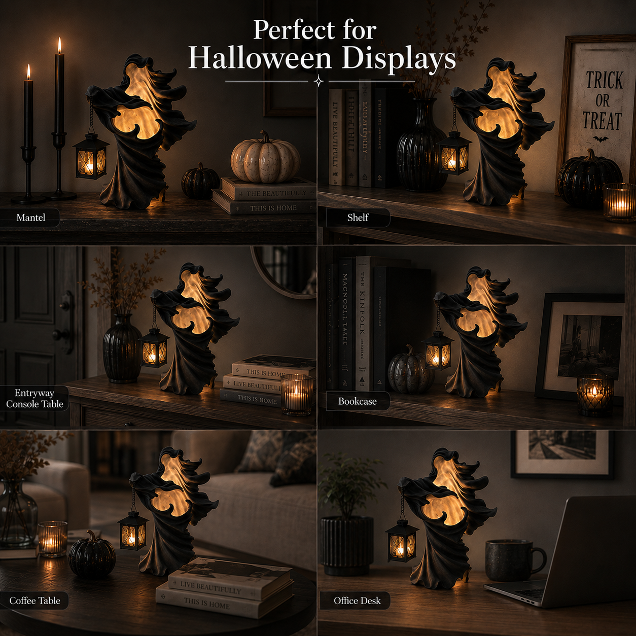 Lighted Gothic Ghost Figurine with Decorative Lantern