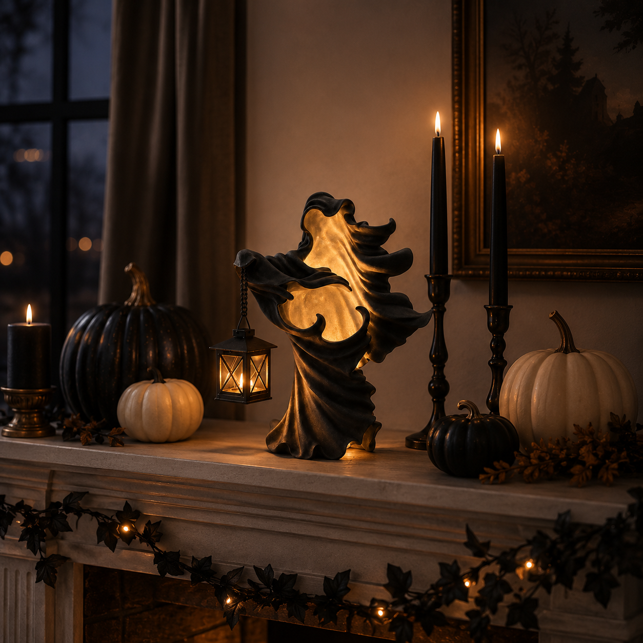 Lighted Gothic Ghost Figurine with Decorative Lantern