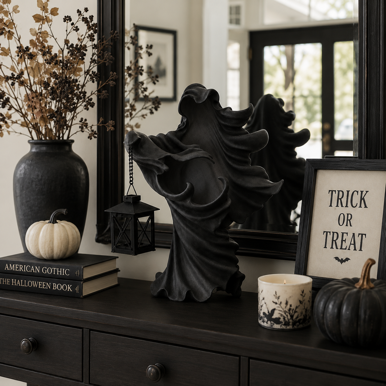 Lighted Gothic Ghost Figurine with Decorative Lantern