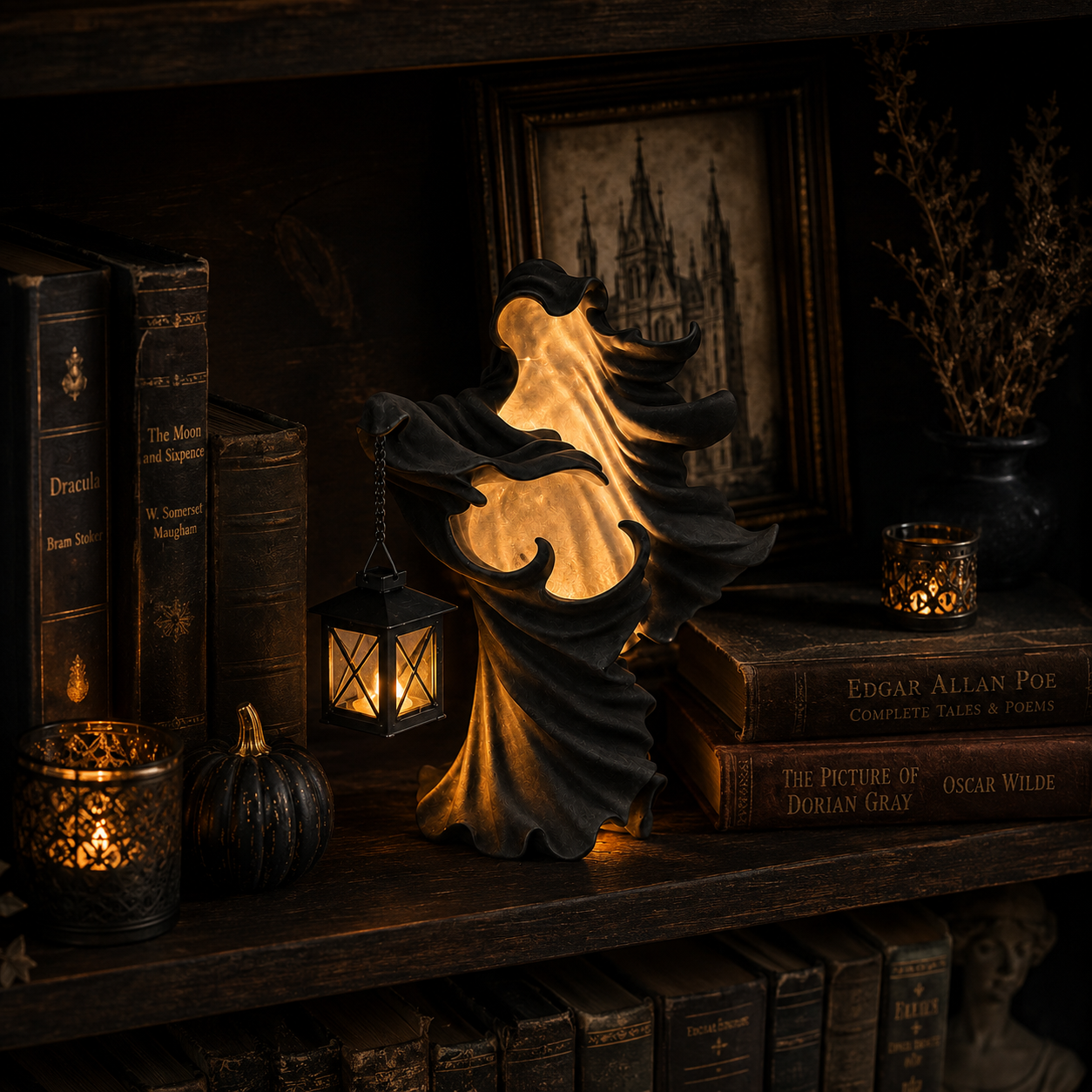 Lighted Gothic Ghost Figurine with Decorative Lantern