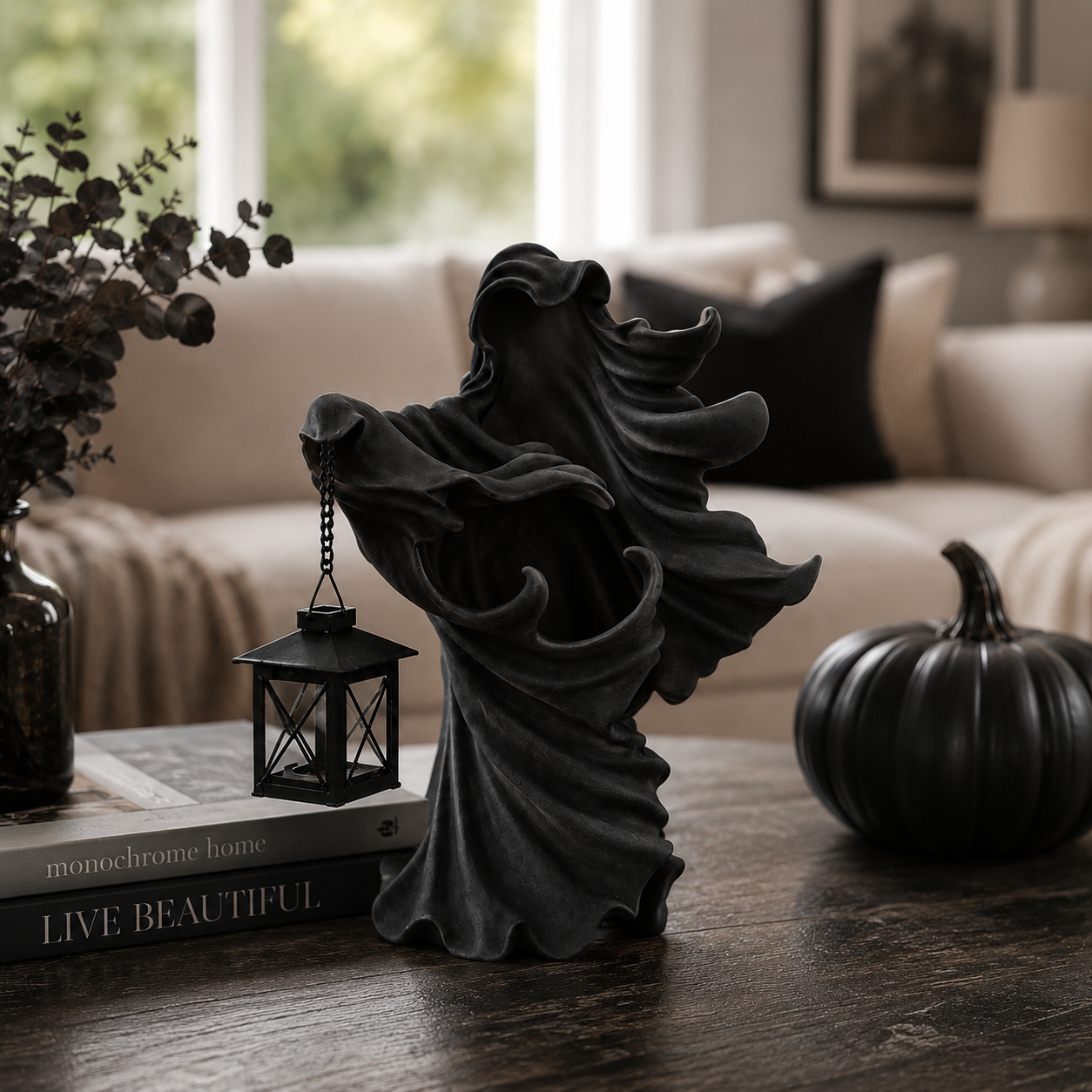 Lighted Gothic Ghost Figurine with Decorative Lantern