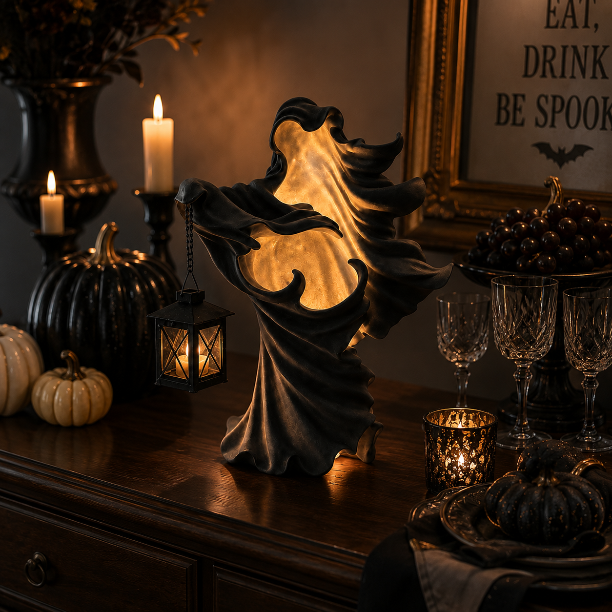 Lighted Gothic Ghost Figurine with Decorative Lantern