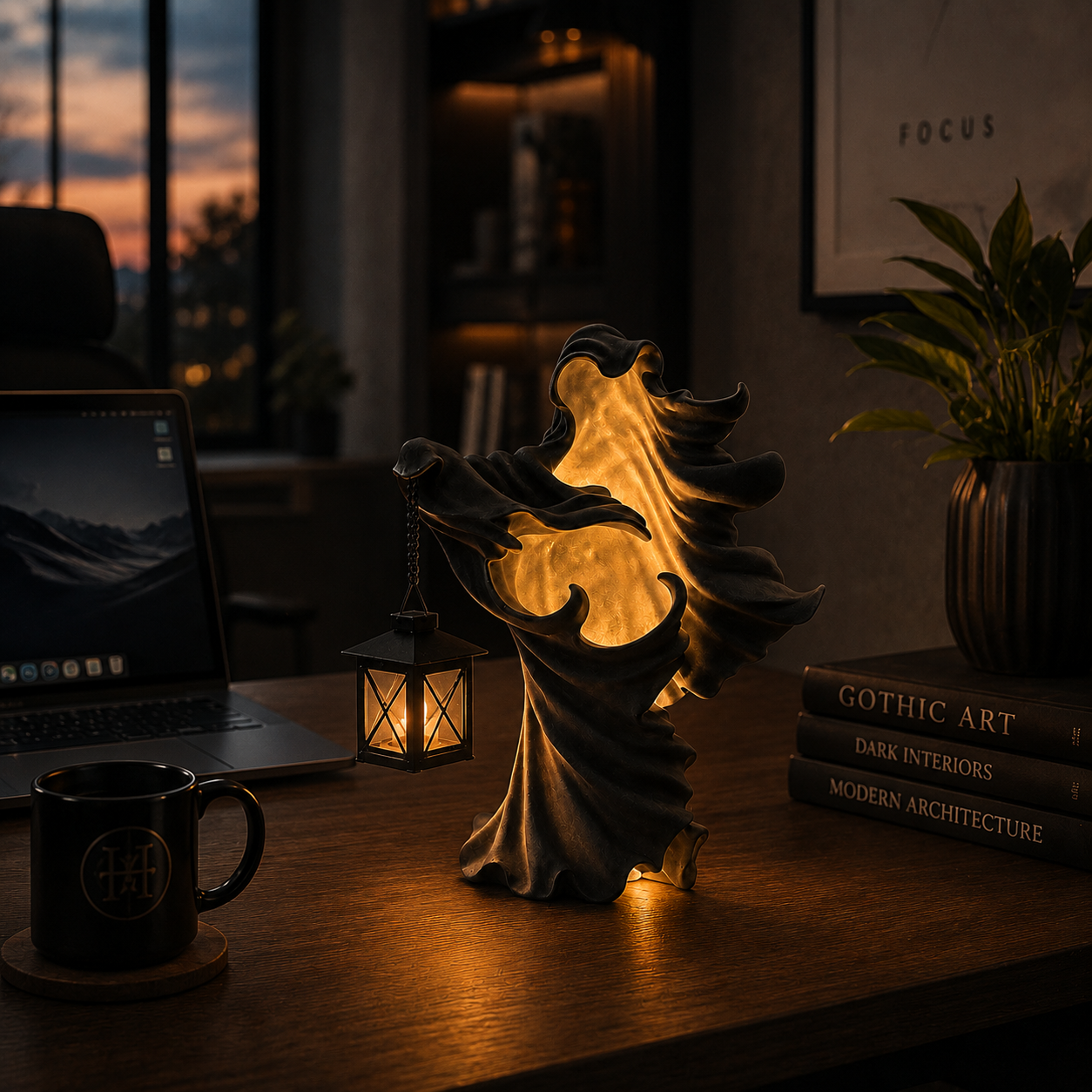 Lighted Gothic Ghost Figurine with Decorative Lantern