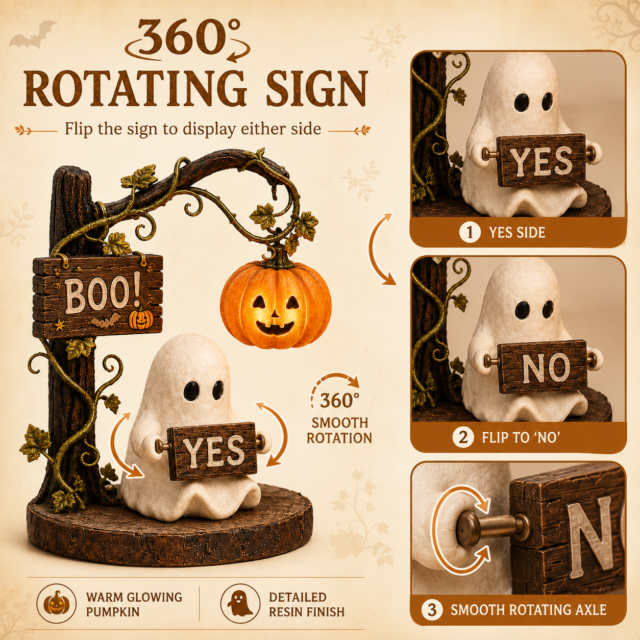 Lighted Ghost Halloween Figurine with 360° Rotating Sign