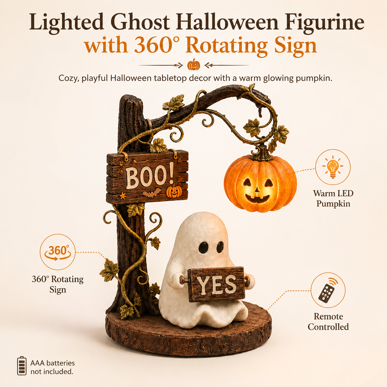 Lighted Ghost Halloween Figurine with 360° Rotating Sign