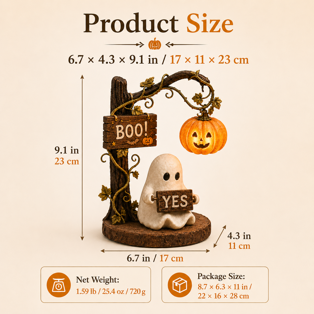 Lighted Ghost Halloween Figurine with 360° Rotating Sign