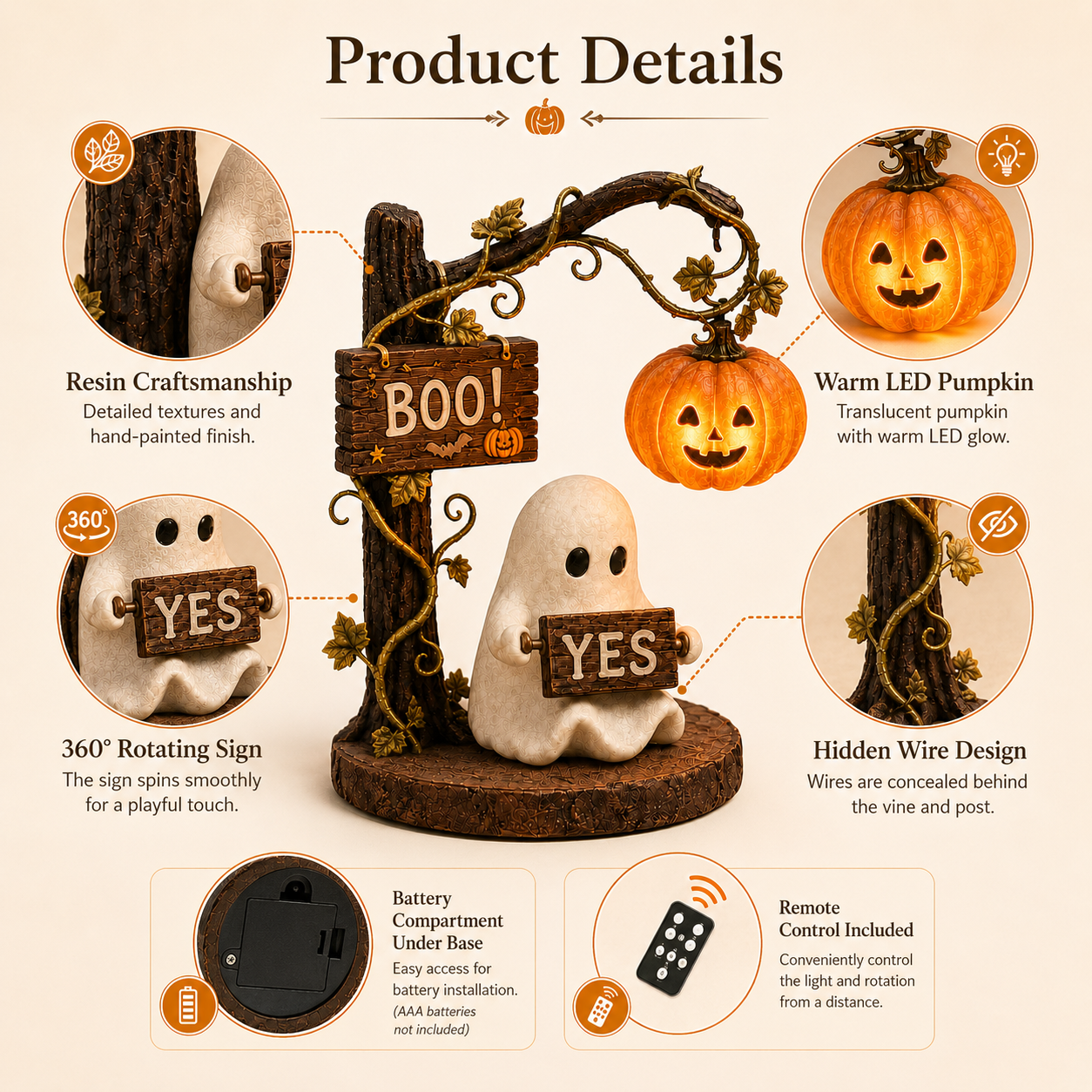 Lighted Ghost Halloween Figurine with 360° Rotating Sign