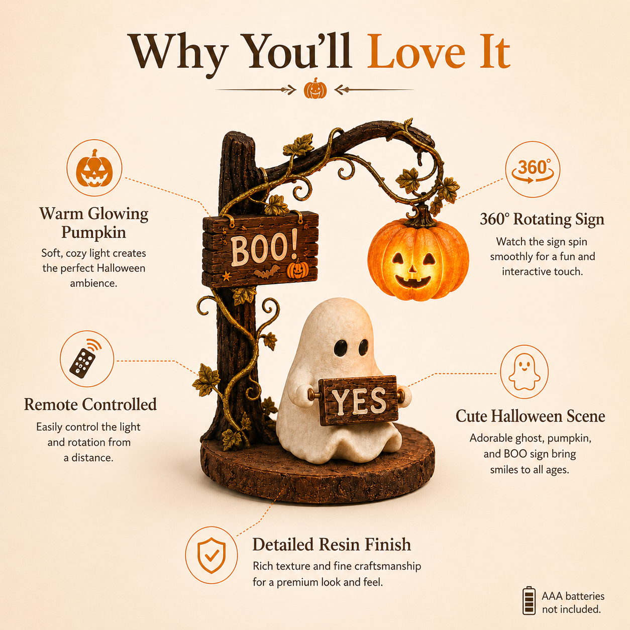 Lighted Ghost Halloween Figurine with 360° Rotating Sign