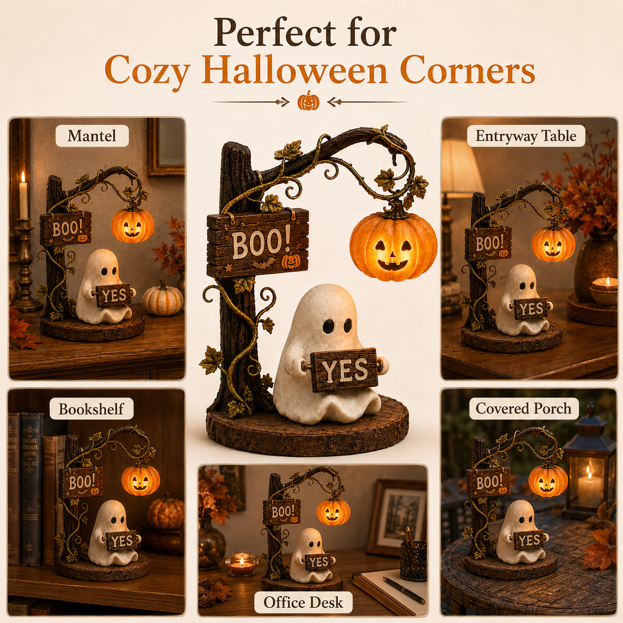 Lighted Ghost Halloween Figurine with 360° Rotating Sign