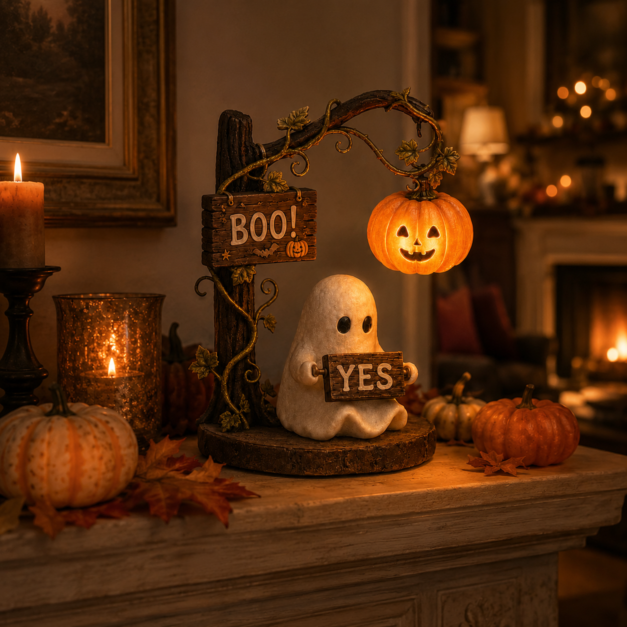 Lighted Ghost Halloween Figurine with 360° Rotating Sign