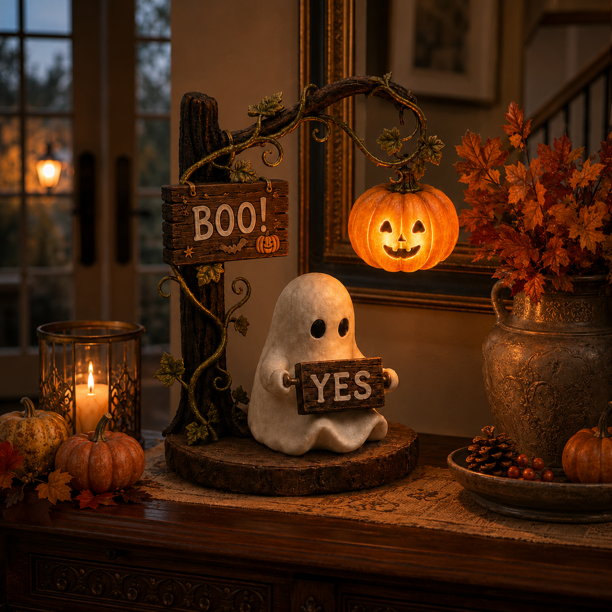 Lighted Ghost Halloween Figurine with 360° Rotating Sign