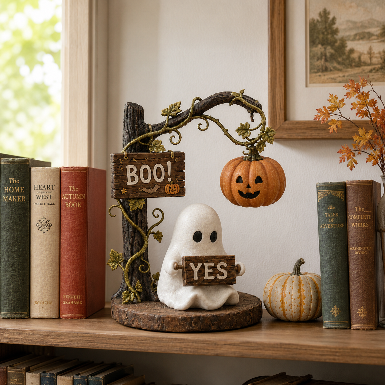 Lighted Ghost Halloween Figurine with 360° Rotating Sign