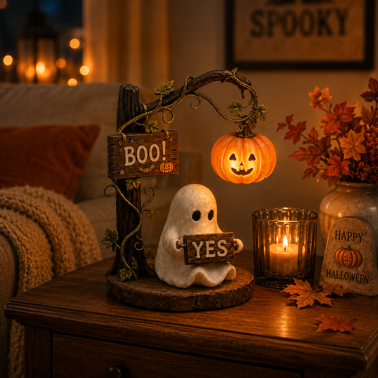 Lighted Ghost Halloween Figurine with 360° Rotating Sign