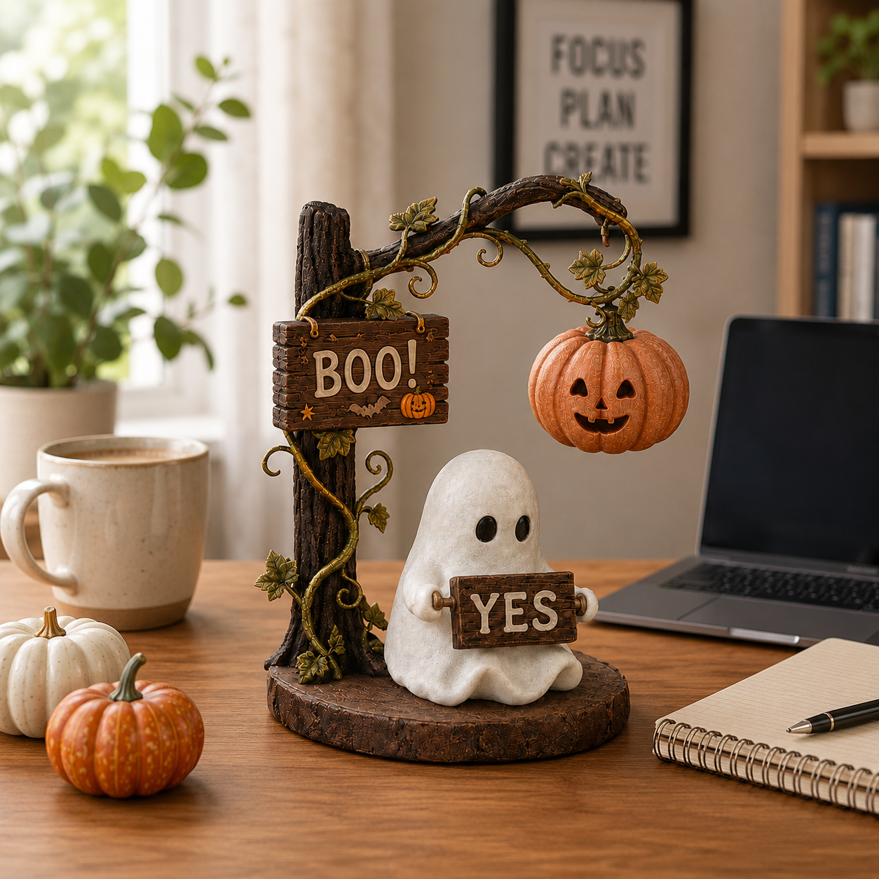 Lighted Ghost Halloween Figurine with 360° Rotating Sign