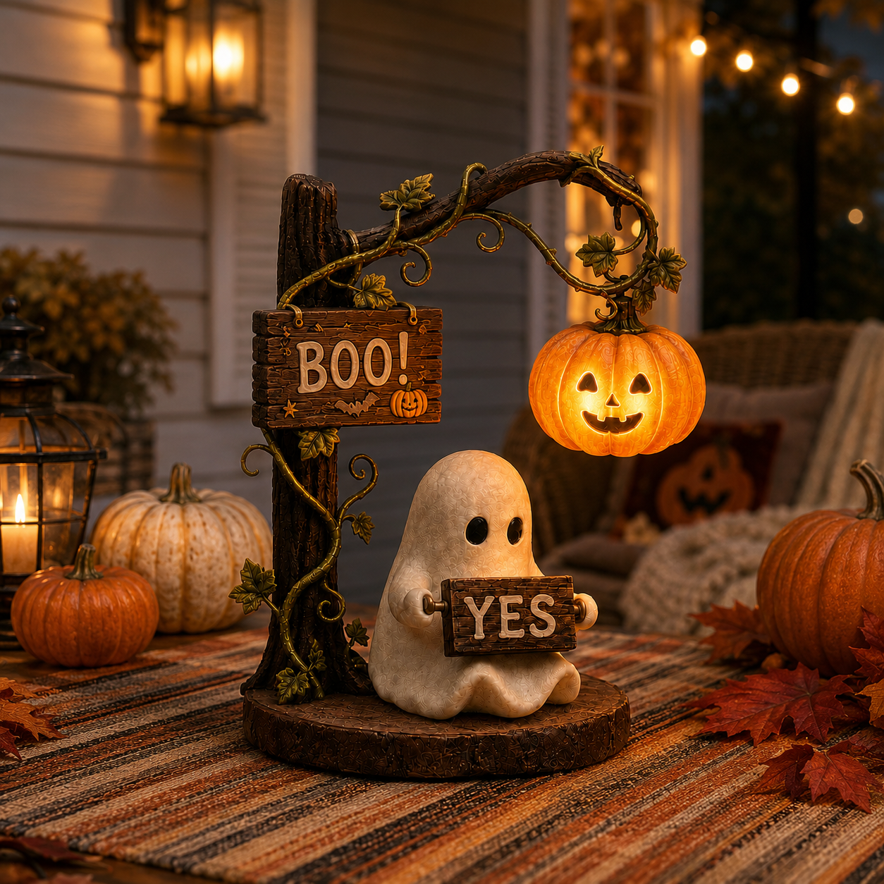 Lighted Ghost Halloween Figurine with 360° Rotating Sign