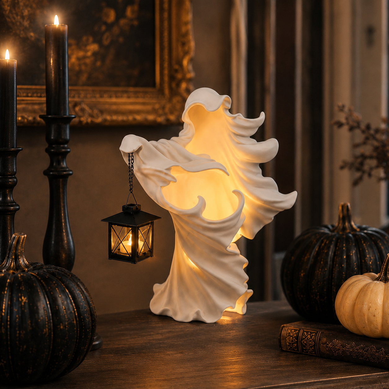 Lighted Gothic Ghost Figurine with Decorative Lantern