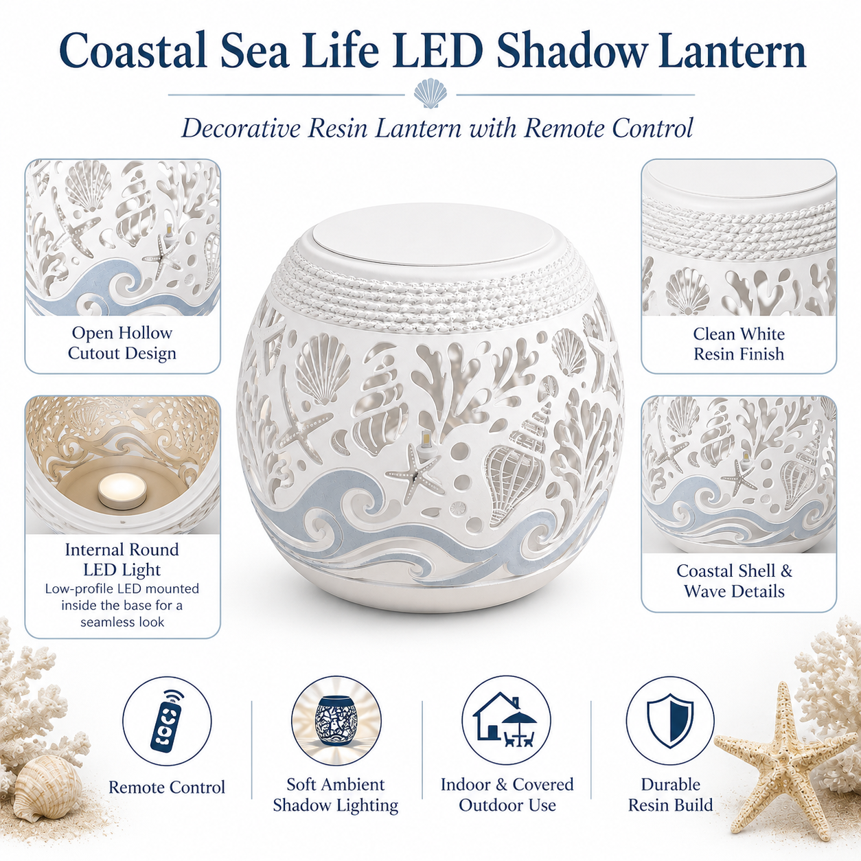 Coastal Sea Life LED Shadow Lantern with Remote Control