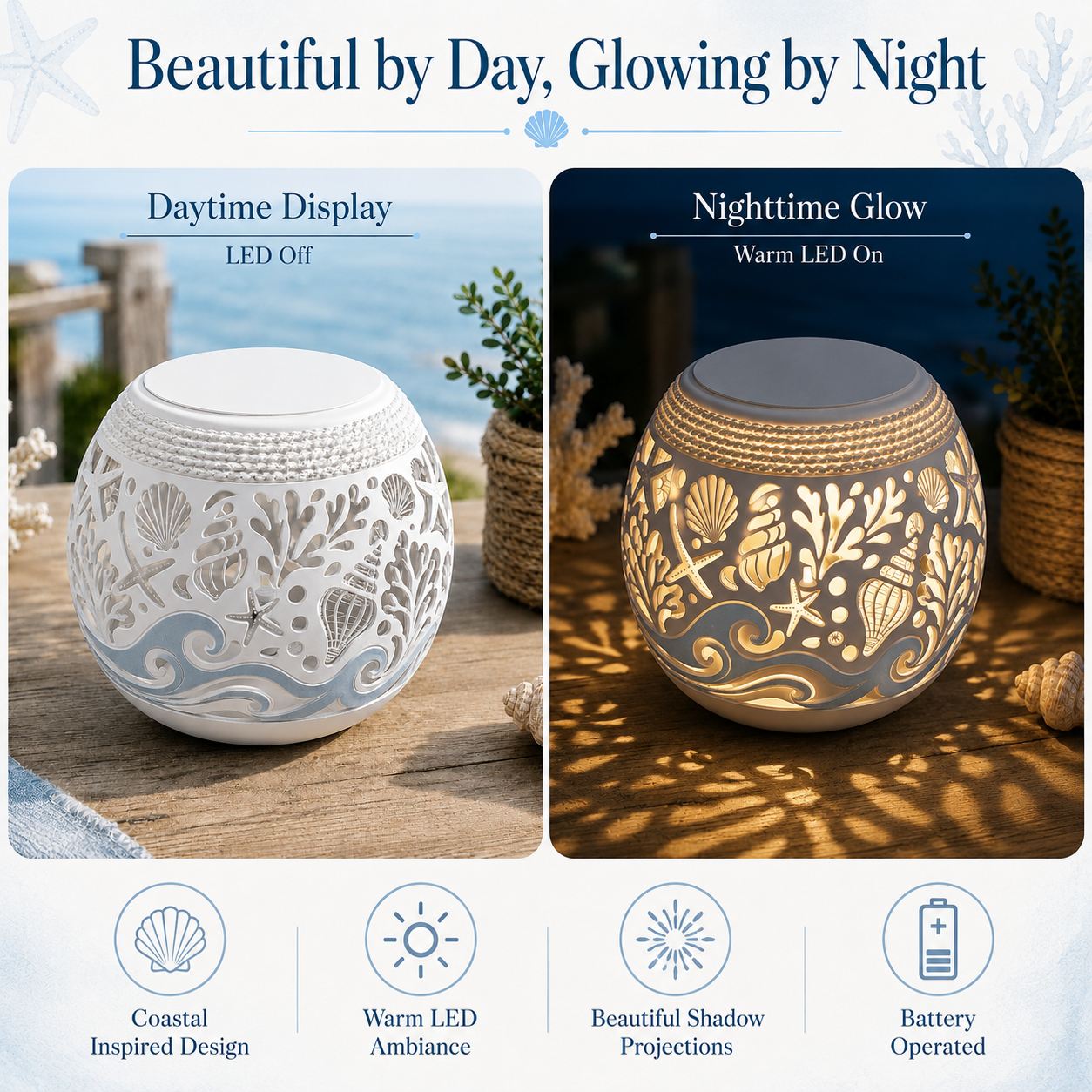 Coastal Sea Life LED Shadow Lantern with Remote Control