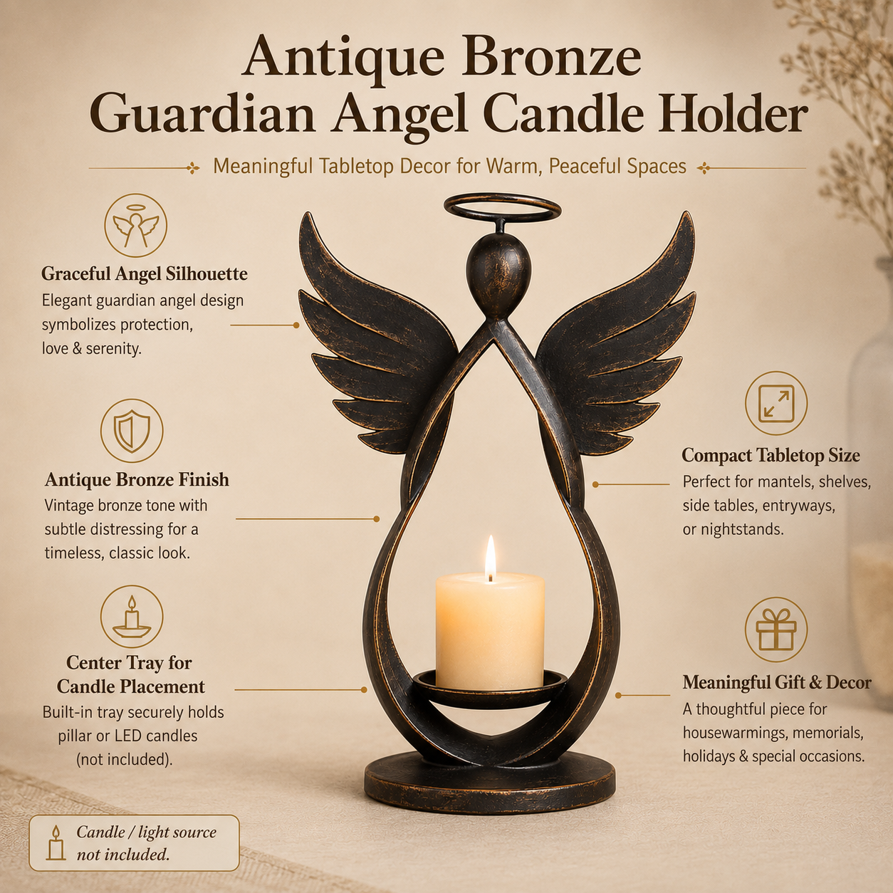 Antique Bronze Guardian Angel Candle Holder