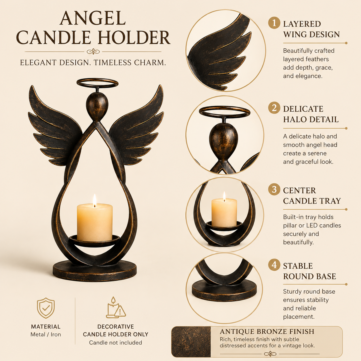 Antique Bronze Guardian Angel Candle Holder