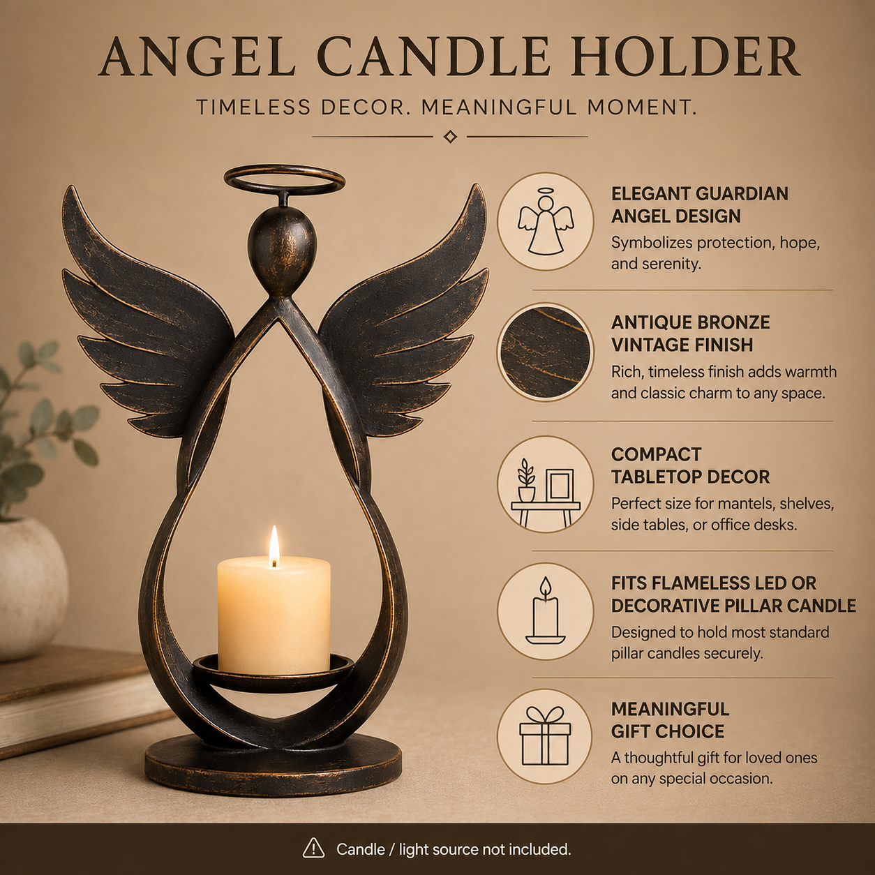 Antique Bronze Guardian Angel Candle Holder