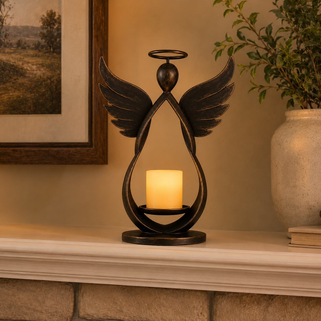 Antique Bronze Guardian Angel Candle Holder