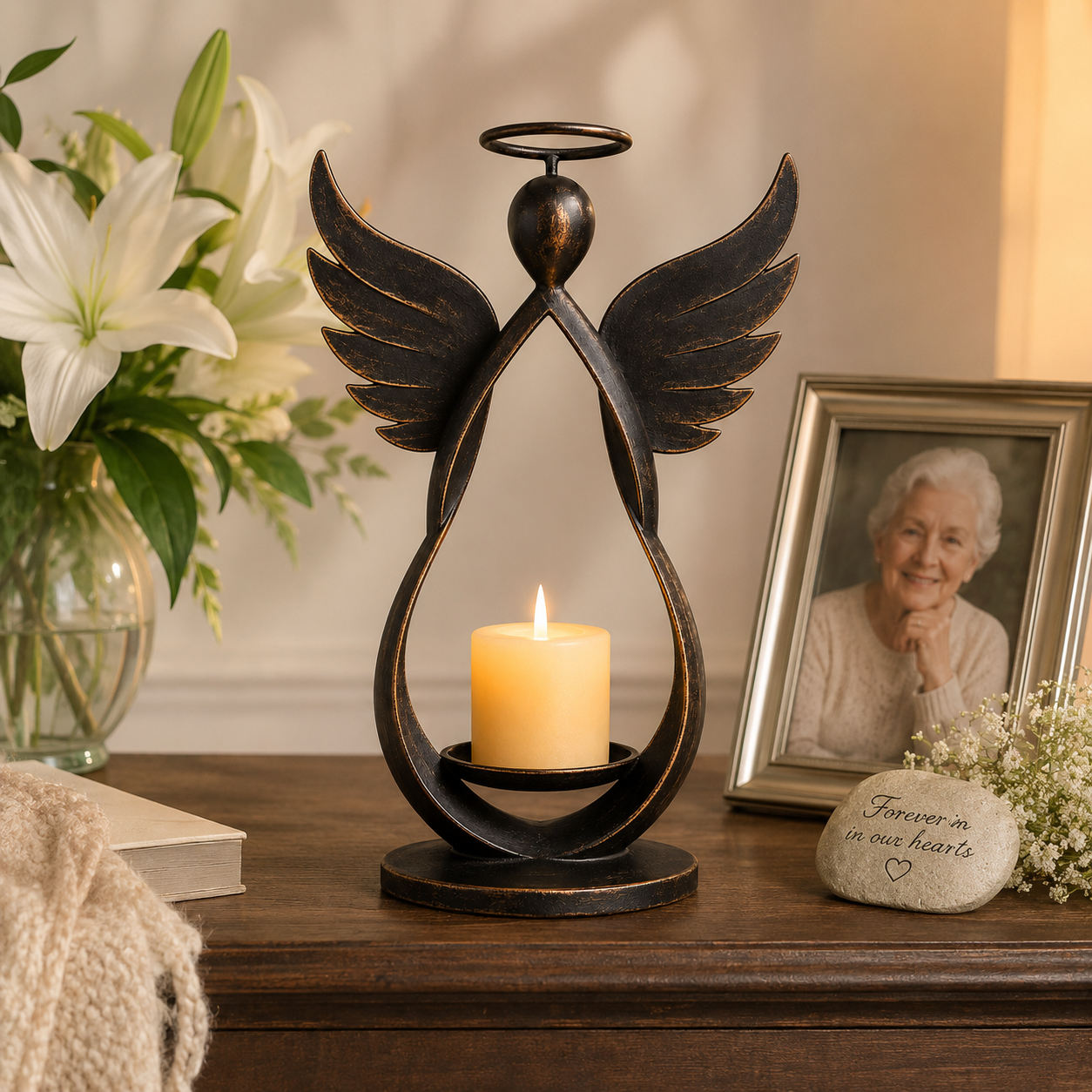 Antique Bronze Guardian Angel Candle Holder