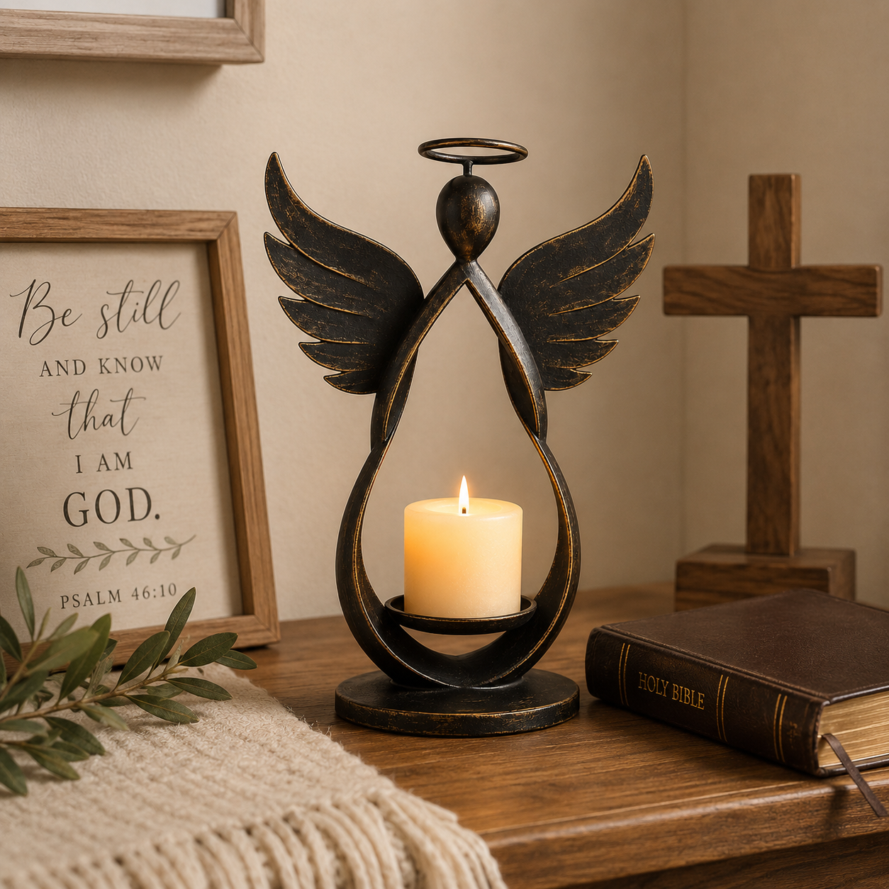 Antique Bronze Guardian Angel Candle Holder