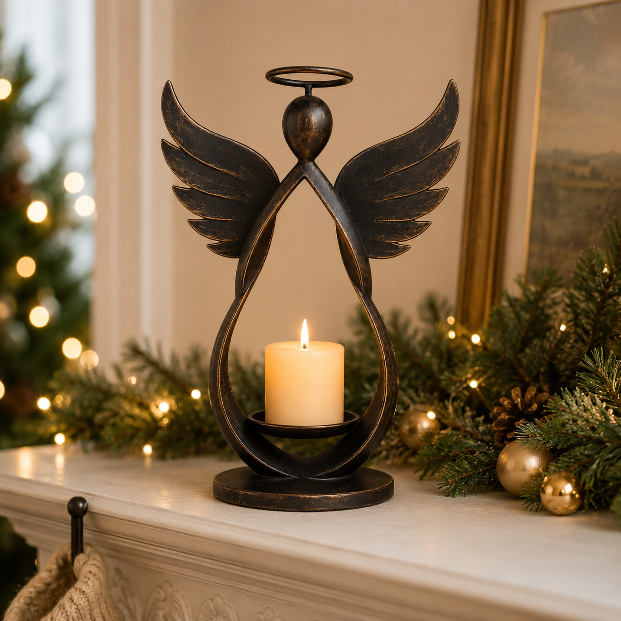 Antique Bronze Guardian Angel Candle Holder