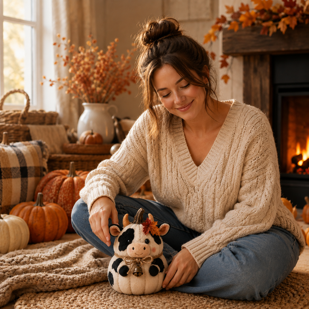 Harvest Friends Plush Cow Pumpkin Fall Farmhouse Decor