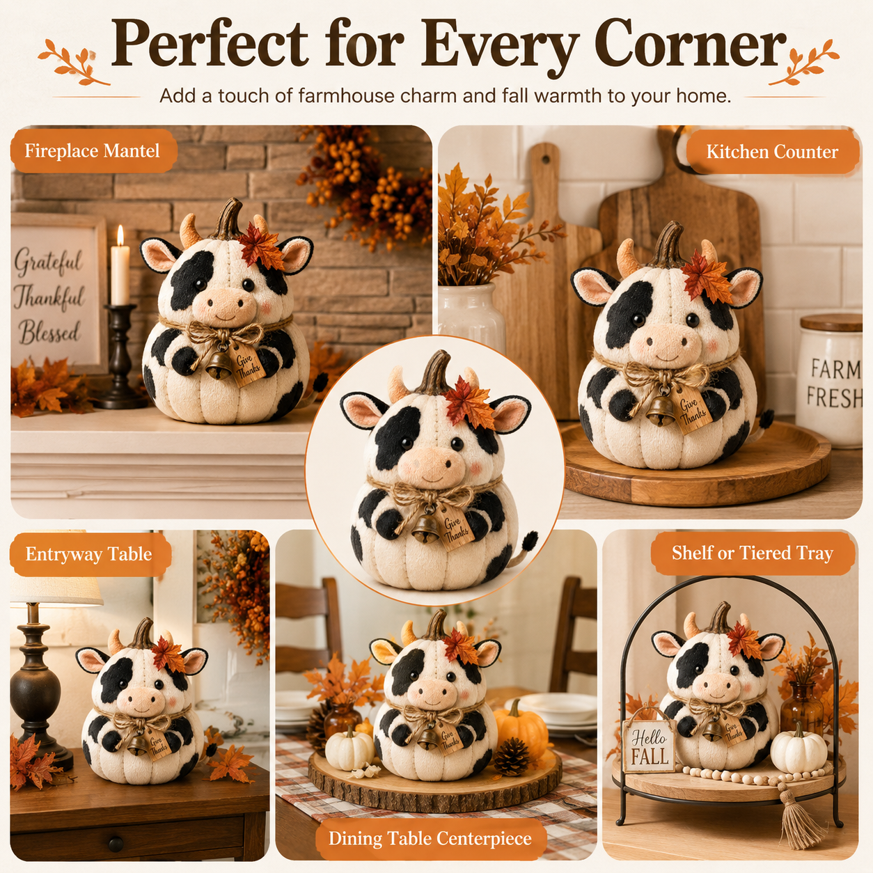 Harvest Friends Plush Cow Pumpkin Fall Farmhouse Decor