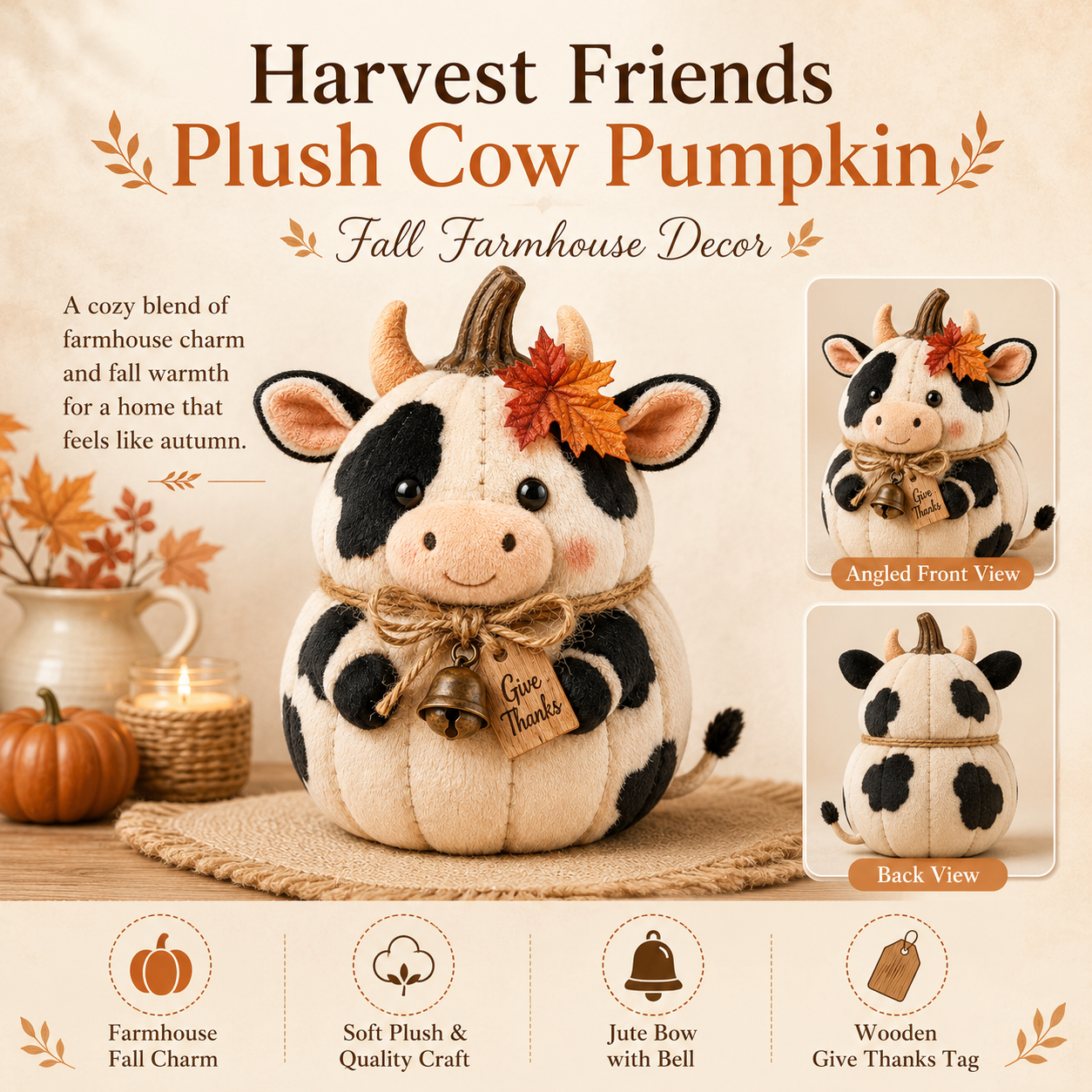 Harvest Friends Plush Cow Pumpkin Fall Farmhouse Decor